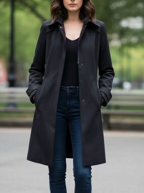 Cole Haan Business Casual Black Hooded lined Trench Coat size 4